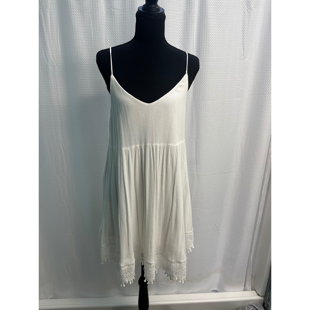 Lulus White Crochet Lace Trim Babydoll Mini Dress V-Neck Gauze Size M